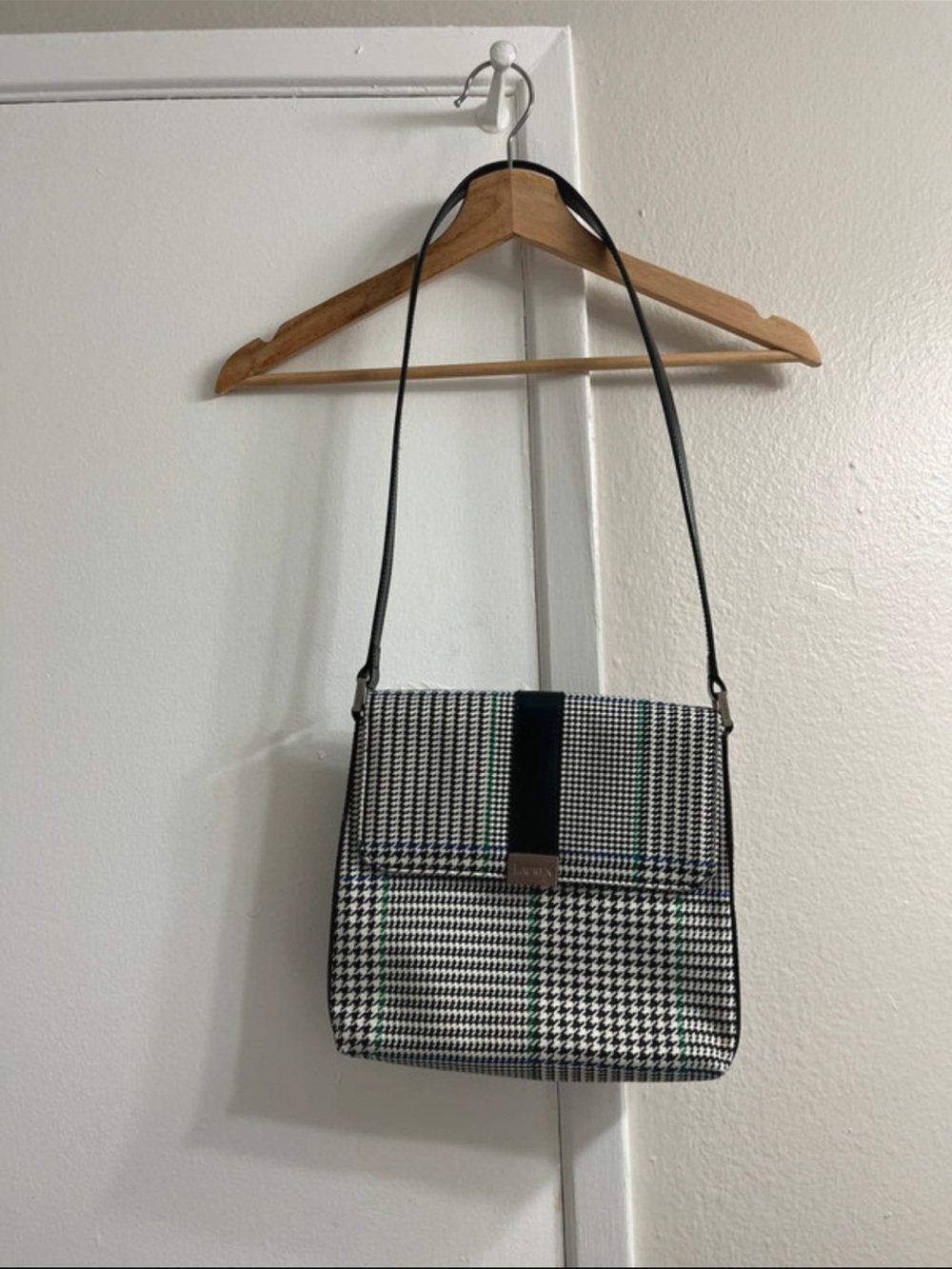 Vintage Lauren Ralph Lauren Black and White Plaid Shoulder Bag with Green Trim